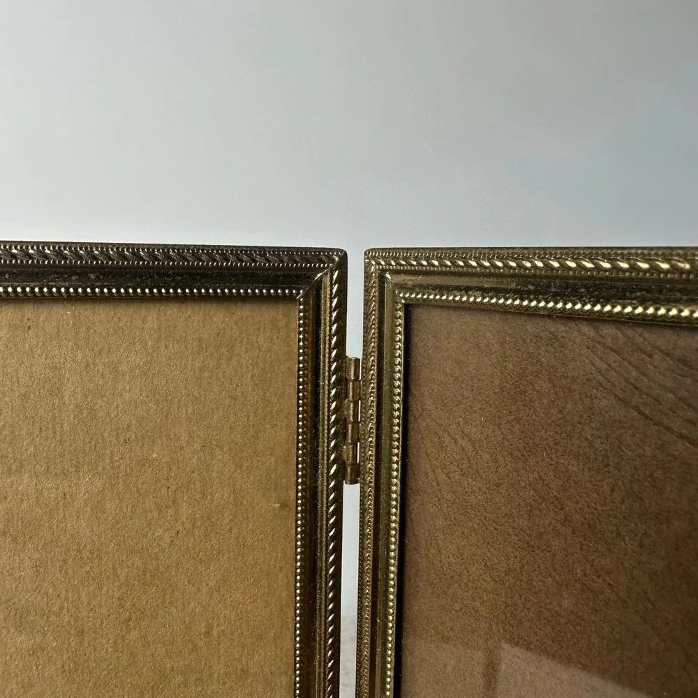 Vintage Brass Tone Double Picture Frame 5x7 | Ornate Hinged Folding Metal Frame